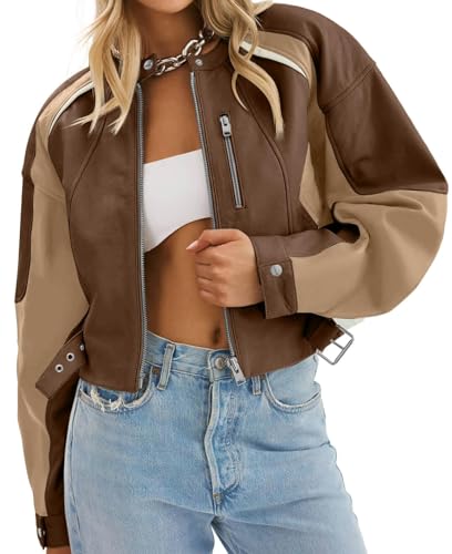 Tankaneo Womens Faux Leather Bomber Jackets Cropped Zip Up Color