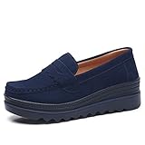 SRUQ Damen Mokassins Plateau Keilabsatz Halbschuh Wildleder Schlupfschuh Slip on Sneakers Mokassins Damen (Blau, Numeric_36)