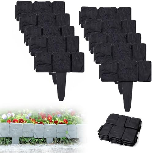 Upgrade Imitation Stone Garden Fence DIY Garden Edging Border, 2026 New Plastic Garden Retaining Edging Fence, Interlocking Decorative Panels Flower Bed Path Lawn Picket Yard Grass Edge (10, Black)