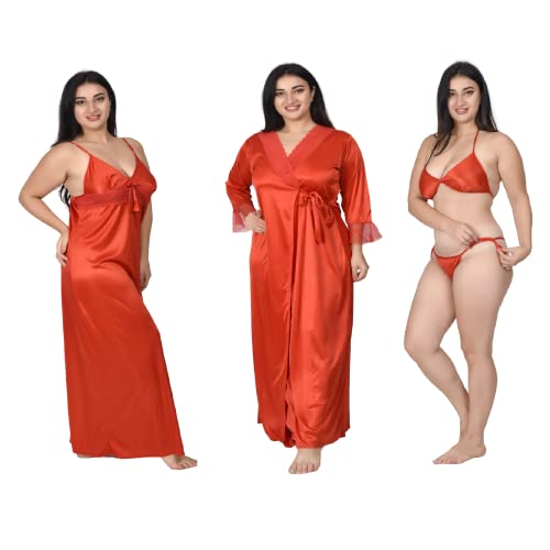 Image of Women's Satin Solid Maxi Nighty Full Sleeve 1 Nighty, 1 Wrap Gown Night Dress Ladies
