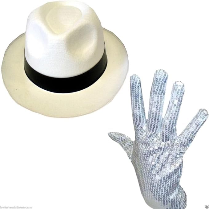 ANZEE Jackson Hat Sequin Glove Sunglasses & Bow Tie Set Pop Star & Gangster Cosplay Fancy Dress Party Costume Accessories (Off White Hat+Gloves)