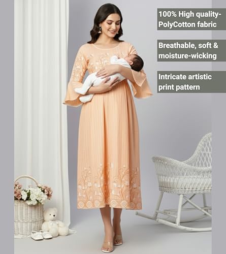 Image of DUMMY SHAPE Feeding Nighty | Maternity Dresses for Women Cotton Blend | Floral Pink Anarkali Kurta with Dual Nursing Zippers for Pregnancy & Breastfeeding | Gifts for Pregnant Women (