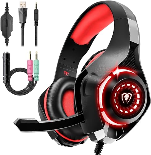 Generic Gaming Headset for PS4, PS5, PC, Over-Ear Gaming Headphones with Noise Cancelling Mic, Premium Stereo, Lightweight Comfortable Earmuffs for Switch Laptop Mobile (Black Red)