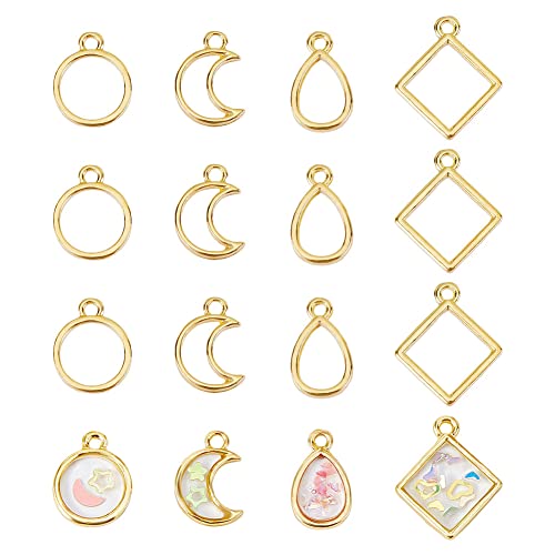 CHGCRAFT 48Pcs 4 Styles Golden Geometric Hollow Frame Charms Teardrop Round Square Moon Alloy Open Back Bezel Pendants for DIY UV Resin Pressed Flower Jewelry Length 14-19mm