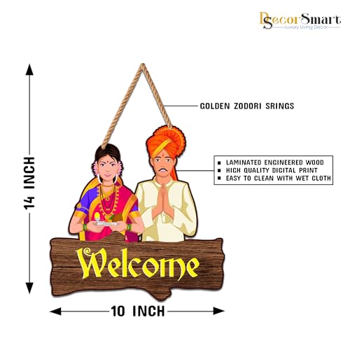 Image of Decor Smart Wooden Wall Hanging | Traditional Welcome Plaque | Decorative Wall Art with Indian Couple in Ethnic Attire | Home Decor Accent | Decoration for Bedroom & Living Room | Cafe (DWA 8702)
