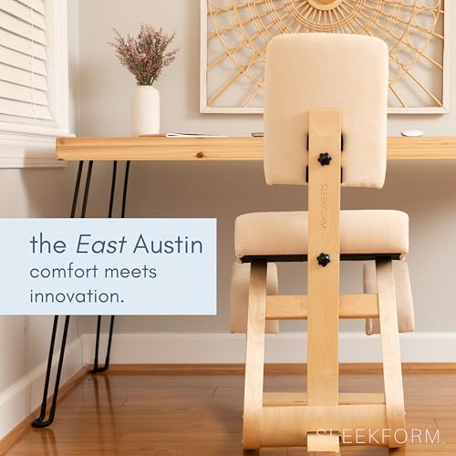 Sleekform East Austin Ergonomic Kneeling Chair with Back Support - Winter Linen and Wood Ergo Stool for Desk - Best Ergonomic Kneeling Office Chair for Posture and Leg Circulation