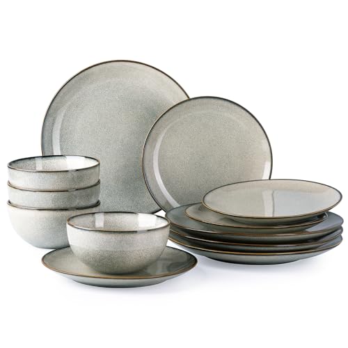 Image of GBHOME Ceramic Dinnerware Sets for 4, 12 Pieces Stoneware Plates and Bowls Sets, Reactive Glaze Dishes -Scratch Resistant, Dishwasher&Microwave Safe