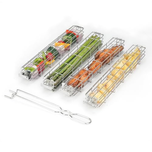 onlyfire Stainless Steel Kabob Grilling Basket Set with Removable Handle for Grilling Veggies Seafood Meat and More Large Capacity Easy Lock Grill Baskets for Outdoor Cooking Set of 4