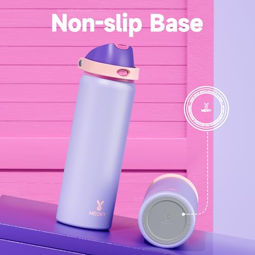 Image of 32 oz Insulated Water Bottle for Women: Meoky Stainless Steel Metal Water Bottle with 2-in-1 Straw and Spout Lid - Leak Proof, Cold for 24 Hours, Protective Silicone Base, BPA-Free for Sports, Orchid