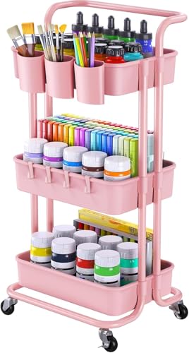 Image of Pipishell 3 Tier Rolling Cart with Wheels - Craft Storage Cart with 3 Hanging Cups & 4 Hooks - Mobile Art Carts Organizer for Office, Kitchen, Craft Room, Bedroom, Bathroom, Laundry Room (Pink)
