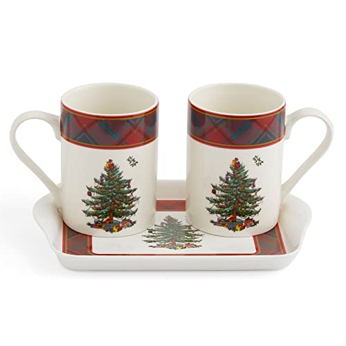 Spode Pimpernel Christmas Tree Tartan Mug And Tray Set | 3-Piece Mug And Tray Gift Set | 10 Oz Coffee Mugs And 8" Tray | Made Of Porcelain And Melamine | Dishwasher Safe #TOP23