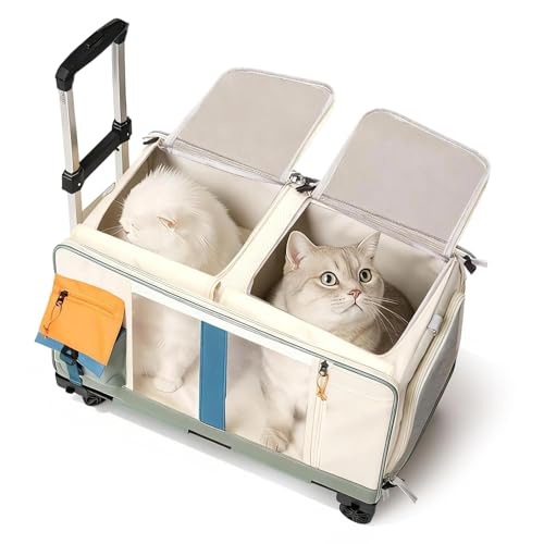 Wudlep Cat Rolling Carrier, Double-Compartment Pet Rolling Carrier With Wheels For 2 Pets, Rolling Pet Carrier With Telescopic Handle And Shoulder Strap, For Traveling, Walking, Camping