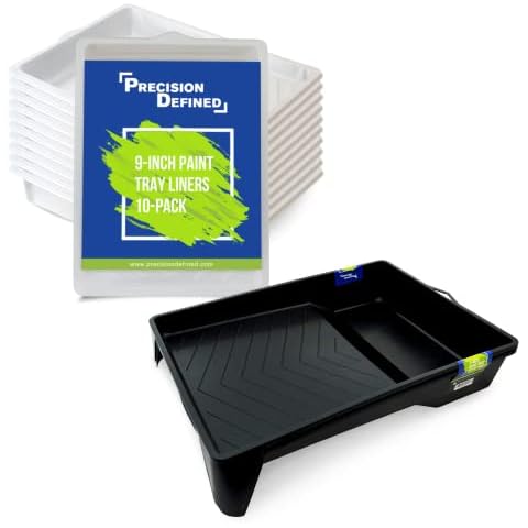 Precision Defined Paint Tray Liner Set with Supreme Paint Roller 9-Inch, Paint Roller Tray with Deep Paint Pockets, Paint Pan - Durable Heavy Duty Plastic Disposable Paint Tray for Painting (12-Pack) Cover