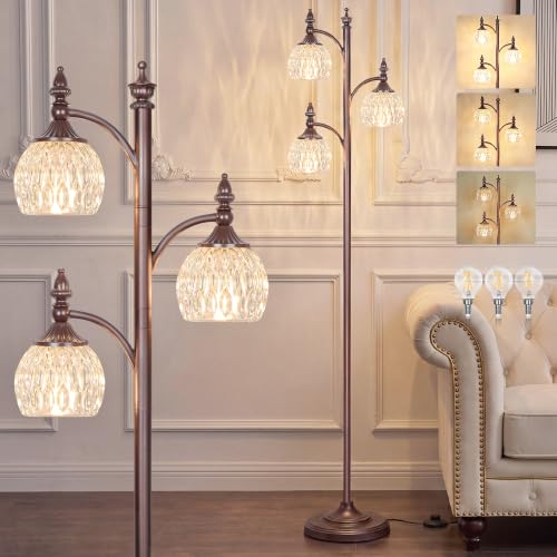 JUNNAI Brown Floor Lamps 66.5in Vintage Standing Lamp with Glass Shade 3 Way Brightness Lights Mid Century Modern Pole Lights Corner Lamp for Living Room Bedroom Office(Bulbs Included)