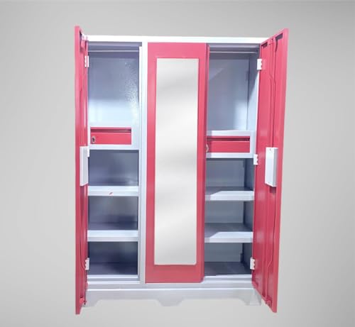 Image of MKFURNITURE Steel Almirah Wardrobe 3 Door with Mirror Cupboard | Wardrobe Storage Rack Closest Organizer for Clothes | 2 Hanging Space and 2 Drawer, 2 Document Lock Locker | Modern Storage Wardrobe