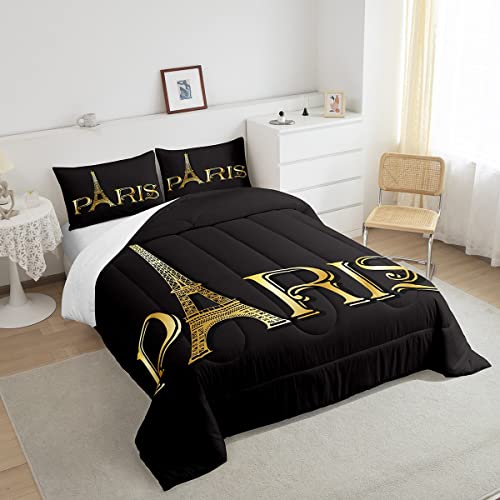 Erosebridal Eiffel Tower Comforter Set, City Building Of Paris Bedding Set Queen Size, Gold Black Duvet Sets For Kids Boys Girls Teens Bedroom, Soft Microfiber Bedding Comforters With 2 Pillow Cases #TOP3