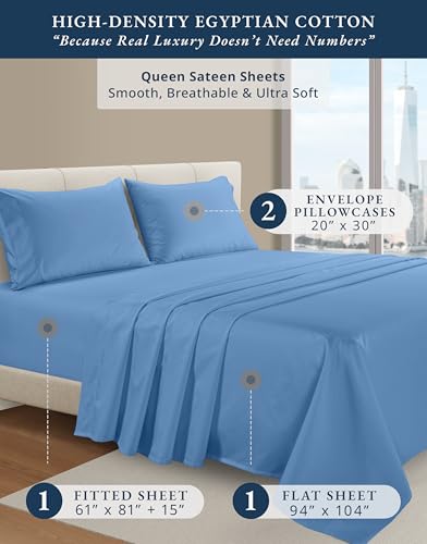 Image of LANE LINEN Cooling Sheets Queen 100% Egyptian Cotton Sateen - Blue Jasper