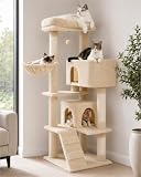 PEQULTI Cat Tree for Large Cats with Large Top Perch, [56.3''=143cm] Multi-Level Tower for Cats with Sleeping Bag, Cat Shelves with Scratching Posts and 2 Condos Houses, Beige,Sleeping Tree