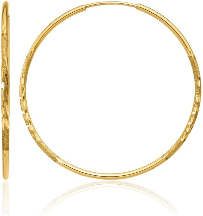 14K Yellow Gold Endless Hoop Earrings Diamond Cut Medium 30mm Polished Round For Women Gift Hoop Jewelry