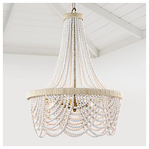 French Country Chandelier,3-Light Beaded Chandelier,Wooden Farmhouse Chandeliers,Hanging Bead Light Fixture for Dining Room,Bedroom,Hallway,Living Room,Distressed White,Brass Gold Finish