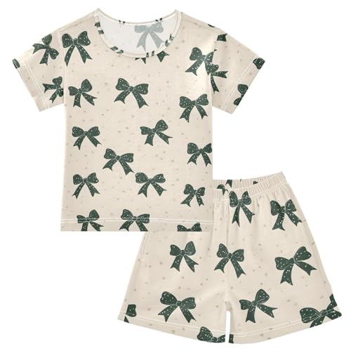 ALAZA Green Bow Yellow Pajamas Set Short Sleeve Cotton Sleepwear Summer Pjs 2 Piece 5-14Y