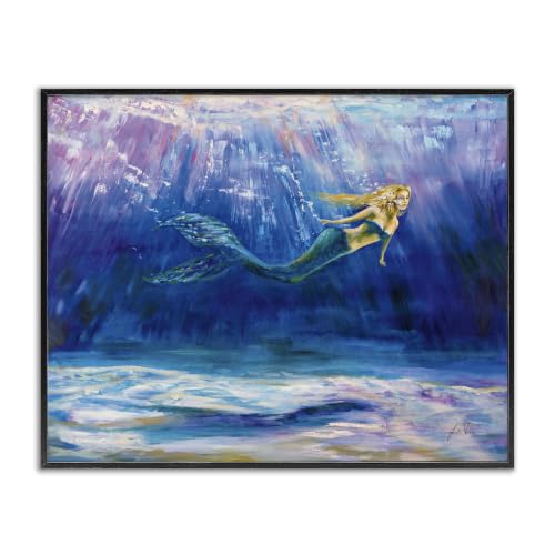 'Mermaid Swimming Deep Blue Ocean Water'| Framed Giclee Art
