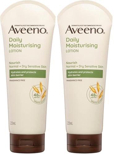 Aveeno Daily Moisturising Non-Greasy Fragrance Free Body Lotion 48-Hour Hydration Soothe Normal Dry Sensitive Skin 225mL (Pack of 2)