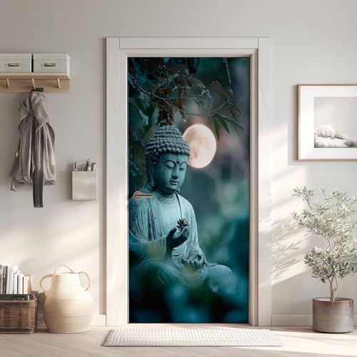 Bouddha Poster de Porte 3D Trompe L'Oeil 73x205 cm, Zen Auto-Adhésif Sticker Porte pour Chambre Cuisine, Méditation Stickers Autocollants de Porte