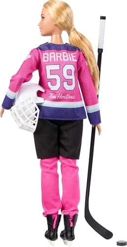 ​Barbie Tim Hortons PWHL 2025 Fashion Doll in Pink, Purple, & Teal Hockey Jersey, Includes Hockey Stick, Puck, and Helmet — view 4