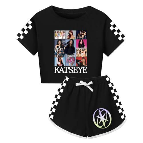 Image of JGJOAIJ KATSEYE Girls 2 Piece Summer Outfit Kids Tracksuit Short Sleeve T Shirt Crop Top and Shorts Set Music Fans Gift (Black, 5-6 Years)