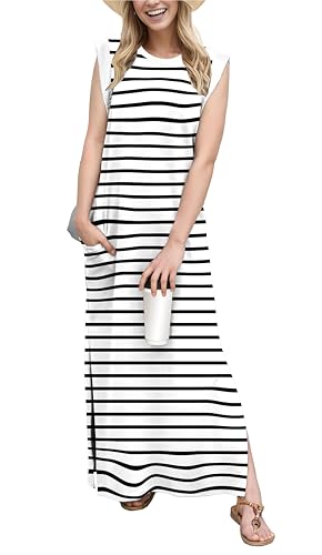 Image of GRECERELLE 2026 Women Year-Round Casual Round Neck Loose Split Wrinkle-Free Long Maxi Vacation Dress with Pockets (XXS-4XL)