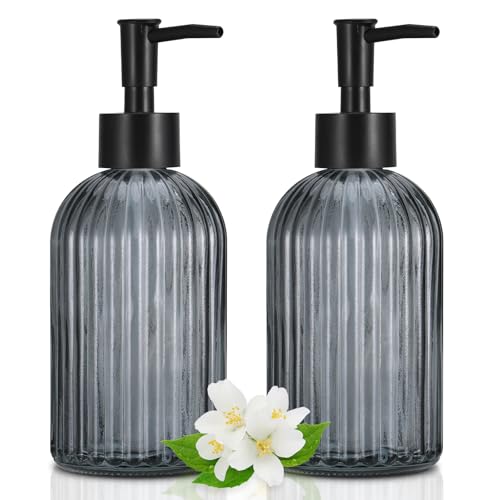 Hejo 2 Stück Seifenspender Glas Schwarz,400ml Soap Dispenser,Wiederverwendbare Spüli Spender,Handseifenspender,Flüssigseifenspender,Pumpspender Glas,Spülmittelspender Set für Bad Küche Countertop