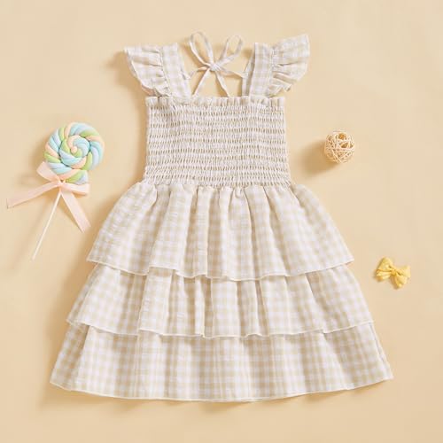 Little Girl Summer Dress Fly Sleeve Plaid Print Layered Smocked Dresses Cute Square Neck A-line Dress2