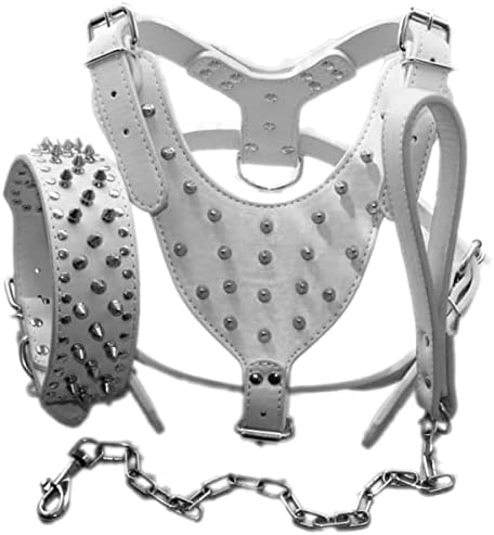 Leather Spiked Studded Medium & Large Dog Collars, Harnesses & Chain Leashes 3Pcs Matching Set for Pit Bull,Mastiff, Boxer, Bull Terrier