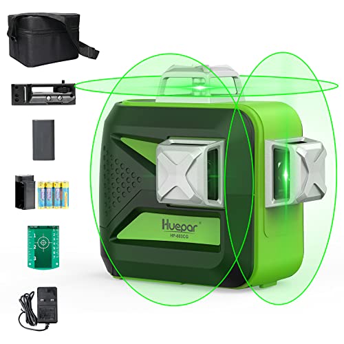 Huepar 603CG Nivel Láser 3 X360 Verde 40m con MODO DE PULSO, TRIPLE FUENTE DE ALIMENTACIÓN, 3D Conmutables 12 Líneas, Autonivelante Líneas Cruzado, 360 Vertical/Horizontal Líneas, 360° Base Magnética