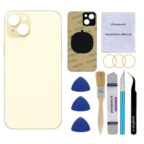 Perzework OEM Rear Back Glass Replacement for iPhone 15 6.1-inches with Reparing Tool Kit and Pre-Installed Adhesive (Yellow)