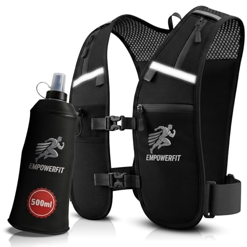 Running Hydration Vest with 500 ml Water Bottle & Water-Resistant Phone Pouch – Lightweight Reflective Running Vest with 6 Secure Pockets, Adjustable Fit for Men & Women, Breathable Mesh Design