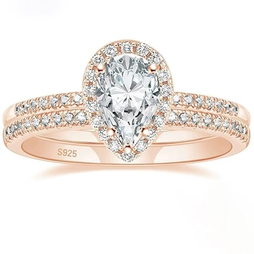 Grewod Women's Wedding Ring 925 Sterling Silver Rose Gold Halo 2 Ring Set with 6x9mm 1.5ct Teardrop Cubic Zirconia Fashion Size 4
