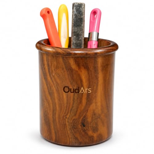 Image of Wood Knife Stand /Holder - Empty Wood Knife Box /Knife Organizer for Kitchen Cutlery, Scissors, and Spoons (Brown, Round Utensil Holder)