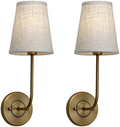Pathson Set of 2 Vintage Wall Sconces Linen Fabric Shade, Bathroom Vanity Lights Brass Finish, Industrial Wall Mounted Fixtures for Bedroom Living Room (Antique)