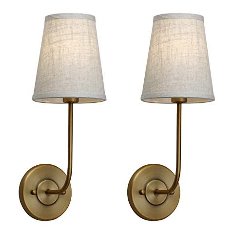 Pathson Set of 2 Vintage Wall Sconces Linen Fabric Shade, Bathroom Vanity Lights Brass Finish, Industrial Wall Mounted Fixtures for Bedroom Living Room (Antique) Cover