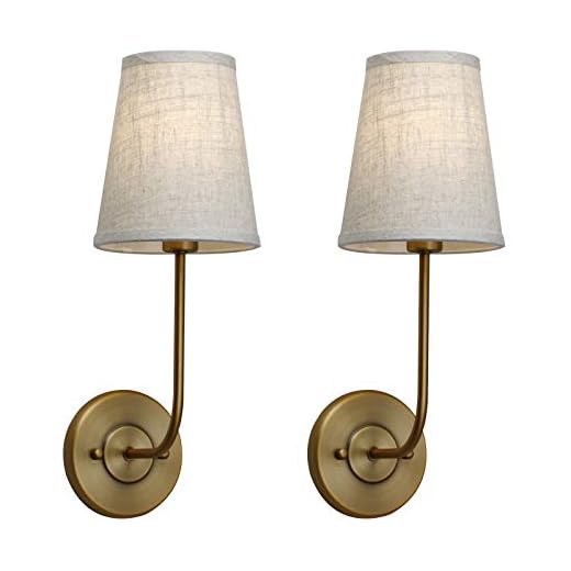 Pathson Set of 2 Vintage Wall Sconces Linen Fabric Shade, Bathroom Vanity Lights Brass Finish, Industrial Wall Mounted Fixtures for Bedroom Living Room (Antique)