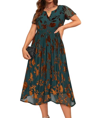 CARCOS Plus Size Velvet Dresses for Curvy Women Short Sleeve Cocktail Dresses Winter Party Formal Dress with Pocket XL-5XL