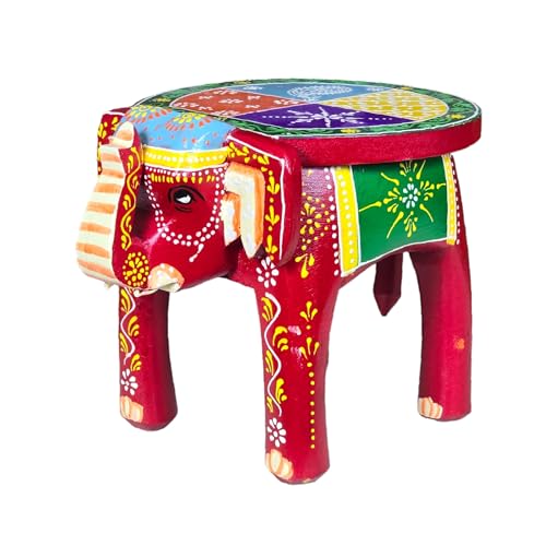 Image of Hand-Crafted and Emboss Colorful Painted Wooden Elephant Shape Round Stool for Home /Office /Living or Bedroom Decor,Decorative Showpiece (8 Inches Height, Red)