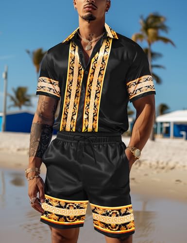 Men Hawaiian Shirt Sets Satin Silk Casual Button Down Shirts 2 Piece Luxury Summer Beach Outfits2