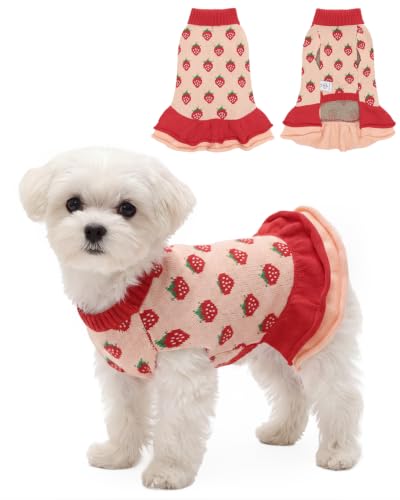 CuteBone Strawberry Ruffle Dog Sweater Dress for Small Medium Dogs & Cats