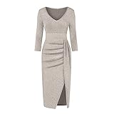 Womens Sleeve Vintage V-Neck Fall Winter Formal Gown Sequin Bridesmaid Dress Flowy Empire Waist Side Split Dress Khaki