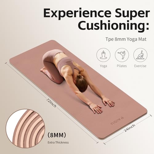 PAIDU Yoga Mat 8mm Super Thick TPE Fitness Mat | SGS Certified | Non-Slip, Odorless & Tear-Resistant | Unisex with Strap | for Yoga, Pilates, Meditation & Home Workouts (Brown&Apricot) - Thumbnail 2