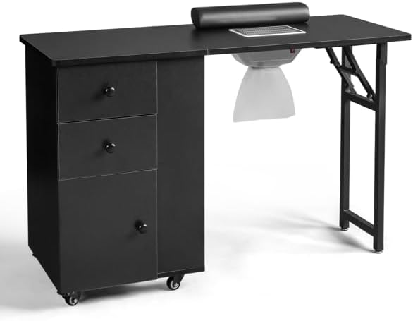 Portable Manicure Nail Table, Manicure Table Professional Nail Desk with Wrist Cushion, spa Salon、Nail Painting、Tattoo Nail Table Mobile Nail Desks w/Universal Wheels for Home Spa Beauty Salon (Black)