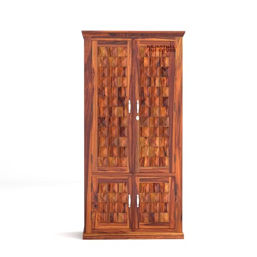 Image of Diamond Solid Sheesham Wood Wardrobe for Bedroom Modular Wooden Wardrobe Space Saving with 2 Door & 2 Drawer /Storage Rack Clothes Almirah Cupboard for Bedroom (Honey Finish)